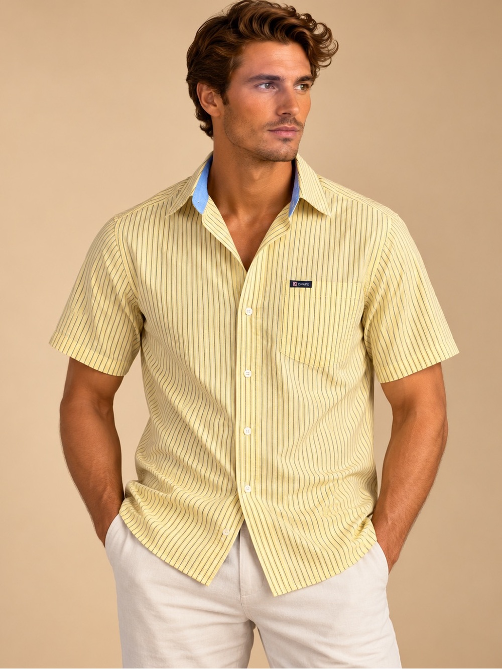 Chaps Easy Care Yellow Pinstripe Short Sleeve Button Down Shirt Size L
